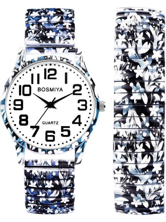 Women\'s Black Flowers Analog Number Elastic Stretch Band Bohemia Bracelet Watch main image 7
